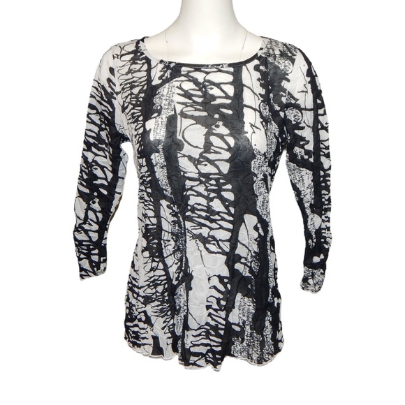 SNOSKINS Crinkled Blouse Artsy 3/4 Sleeve Abstract Print Top Black White Size M - Picture 1 of 5